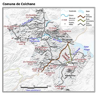 Mapa de la comuna de Colchane con fondo blanco sombreado