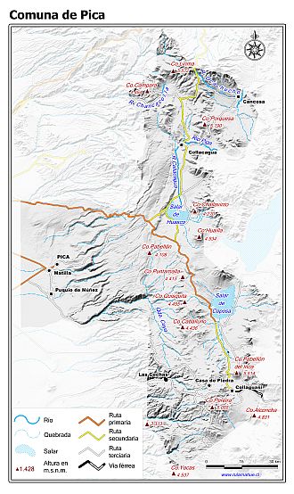 Mapa de la comuna de Pica con fondo blanco sombreado