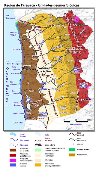 Mapa con las unidades geomorfológicas de la Región de Tarapacá