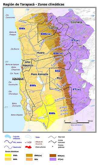 Mapa con las zonas climáticas de la Región de Tarapacá