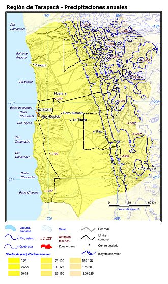 Mapa de la distribución de la precipitaciones anuales en la Región de Tarapacá