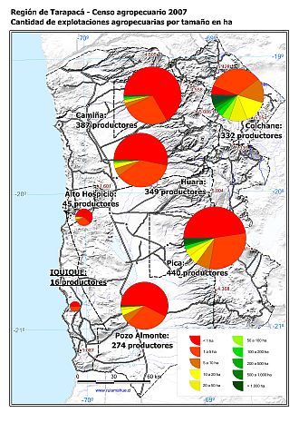 Mapa con gráficos de torta por comuna que muestran la estructura de tamaño de las parcelas de las explotaciones