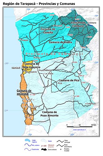 Mapa con las provincias y comunas de la Región de Tarapacá