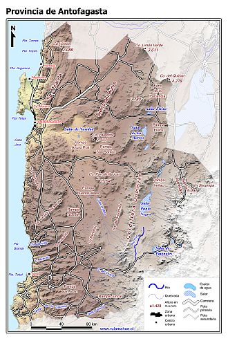 Mapa de la provincia de Antofagasta con fondo coloreado