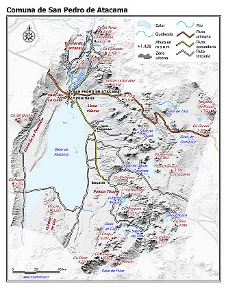 Mapa de la comuna de San Pedro de Atacama con fondo blanco sombreado