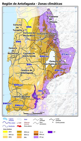 Mapa con las zonas climáticas de la Región de Antofagasta