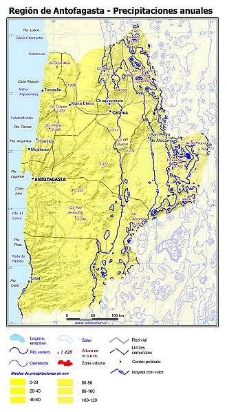Mapa de la distribución de la precipitaciones anuales en la Región de Antofagasta