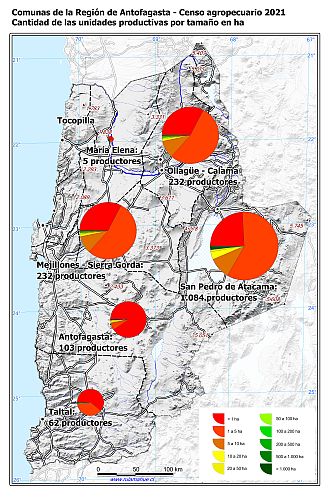 Mapa con gráficos de torta por comuna que muestran la estructura de tamaño de las parcelas de la unidades productivas