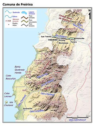 Mapa de la comuna de Freirina con fondo coloreado