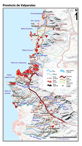 Mapa de la Provincia de Valparaíso con fondo gris sombreado