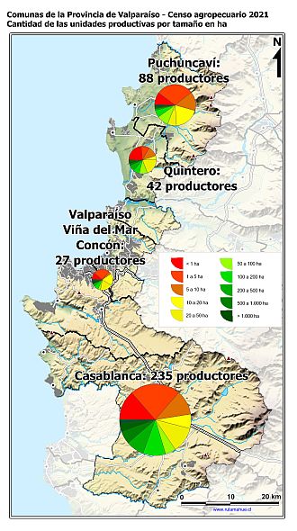 Mapa con gráficos de torta por comuna que muestran la estructura de tamaño de las parcelas de la unidades productivas