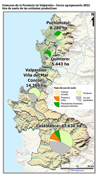 Mapa con gráficos de torta por comuna que muestran los diferentes usos de suelo de las unidades productivas