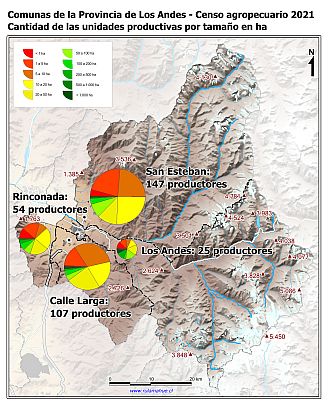 Mapa con gráficos de torta por comuna que muestran la estructura de tamaño de las parcelas de la unidades productivas