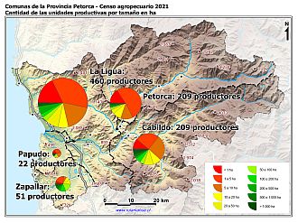 Mapa con gráficos de torta por comuna que muestran la estructura de tamaño de las parcelas de la unidades productivas