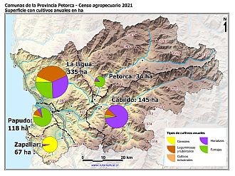 Mapa con gráficos de torta por comuna que muestran la composición de los cultivos anuales