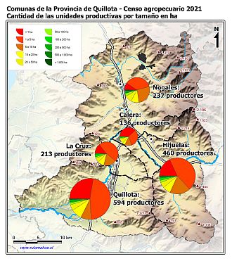 Mapa con gráficos de torta por comuna que muestran la estructura de tamaño de las parcelas de la unidades productivas