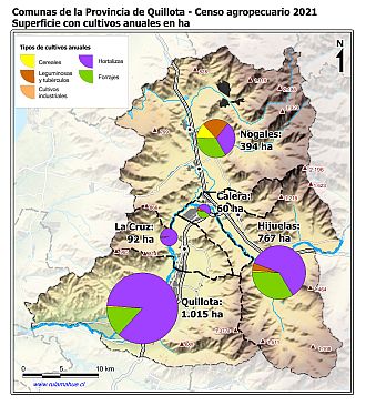Mapa con gráficos de torta por comuna que muestran la composición de los cultivos anuales