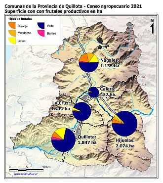 Mapa con gráficos de torta por comuna que muestran la composición de las superficies con frutales