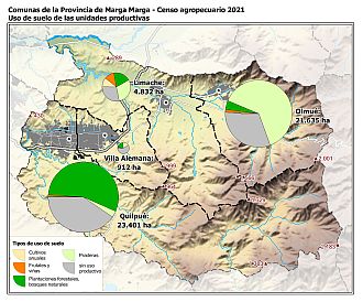 Mapa con gráficos de torta por comuna que muestran los diferentes usos de suelo de las unidades productivas