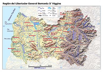 Mapa de la Región de O`Higgins con fondo coloreado