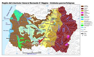 Mapa con las unidades geomorfológicas de la Región de O`Higgins