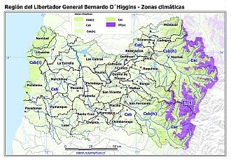 Mapa con las zonas climáticas de la Región de O`Higgins