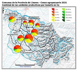 Mapa con gráficos de torta por comuna que muestran la estructura de tamaño de las parcelas de la unidades productivas