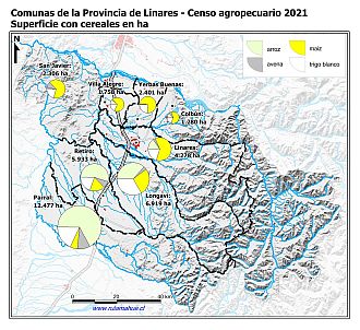 Mapa con gráficos de torta por comuna que muestran la composición de las superficies con cereales