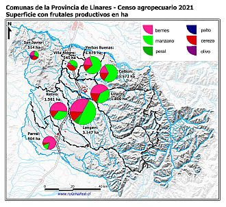 Mapa con gráficos de torta por comuna que muestran la composición de las superficies con frutales