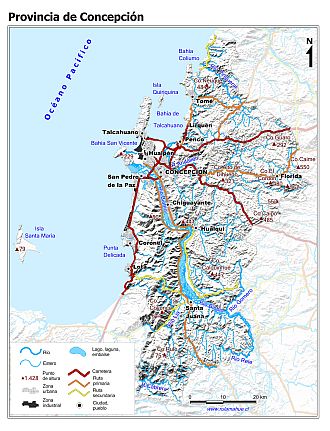 Mapa de la Provincia de Concepción con fondo gris sombreado