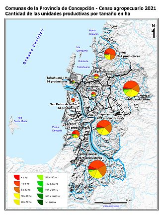 Mapa con gráficos de torta por comuna que muestran la estructura de tamaño de las parcelas de la unidades productivas