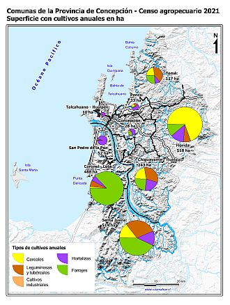 Mapa con gráficos de torta por comuna que muestran la composición de los cultivos anuales