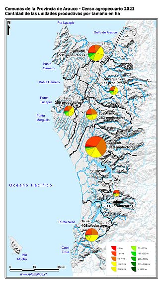 Mapa con gráficos de torta por comuna que muestran la estructura de tamaño de las parcelas de la unidades productivas