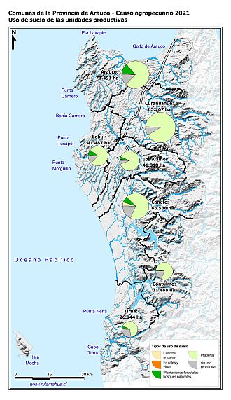 Mapa con gráficos de torta por comuna que muestran los diferentes usos de suelo de las unidades productivas