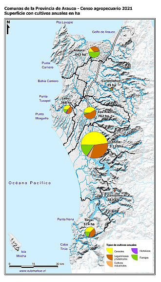 Mapa con gráficos de torta por comuna que muestran la composición de los cultivos anuales