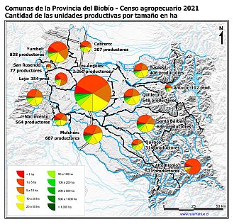 Mapa con gráficos de torta por comuna que muestran la estructura de tamaño de las parcelas de la unidades productivas