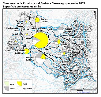 Mapa con gráficos de torta por comuna que muestran la composición de las superficies con cereales