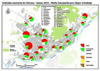 Mapa con graficos que indican la composición de los medios de transporte que ocupan las personas para llegar al trabajo