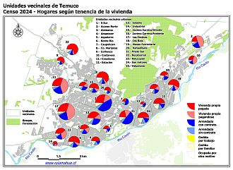 Mapa con graficos que indican la tenencia de la vivienda