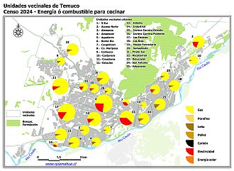 Mapa con graficos que indican la energía utilizada en los hogares para cocinar