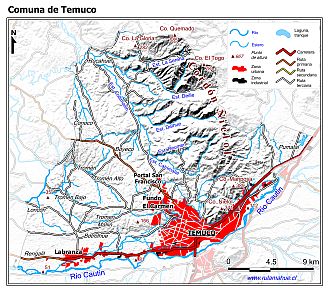 Mapa de la comuna de Temuco con fondo blanco sombreado