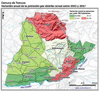 Mapa de la variación poblacional entre los censos de 2002 y 2017