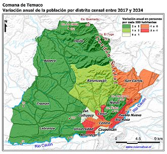 Mapa de la variación poblacional entre los censos de 2017 y 2024