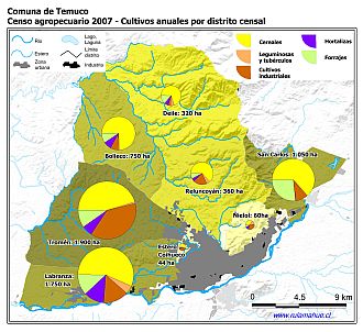 Mapa con gráficos de torta que muestran los diferentes tipos de cultivos anuales por distrito censal
