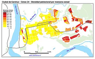 Mapa de la densidad poblacional en habitantes por ha en las manzanas urbanas