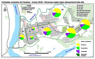 Mapa con graficos que indican el logro educacional más alto de las personas