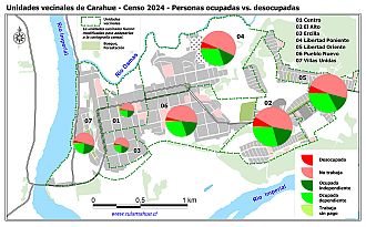 Mapa con graficos que indican la relación entre personas ocupadas y desocupadas