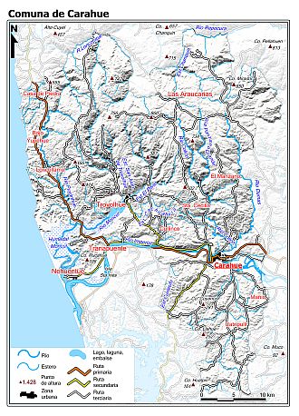 Mapa de la comuna de Carahue con fondo blanco sombreado