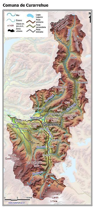 Mapa de la comuna de Curarrehue con fondo coloreado