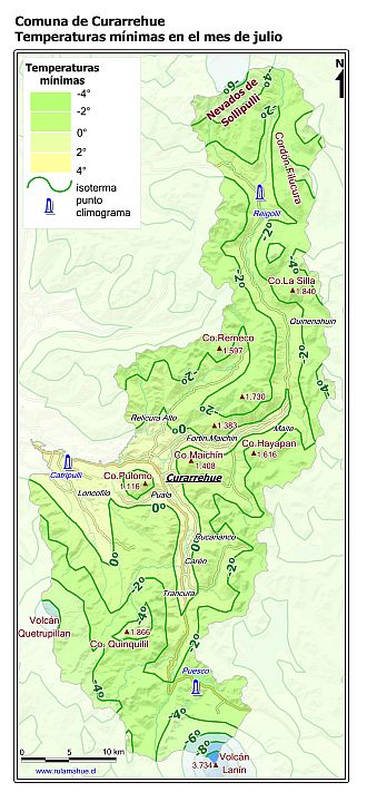 Mapa de las isotermas de las temperaturas mínimas de julio